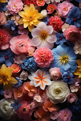 Colorful flowers background. Top view. Copy space.