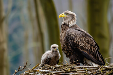 A eagle with her cub, mother love and care in wildlife scene
