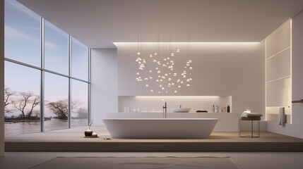 Fototapeta na wymiar A minimalist bathroom boasts an elegant freestanding tub, for luxury beauty, cosmetic, skincare, body care, aromatherapy,spa product display background
