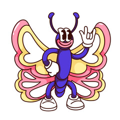Groovy butterfly cartoon character with horns gesture of rock festival. Funny retro mascot with wings and antennae, legs and arms. Funky butterfly cartoon sticker of 60s 70s style vector illustration