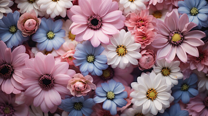 Colorful daisies as background, top view. Floral pattern.