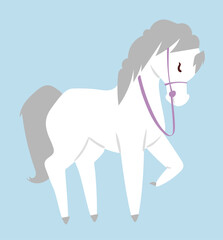 White cartoon horse with purple reins on blue background. Simplistic style equine character design. Cute horse illustration for children's books vector illustration.
