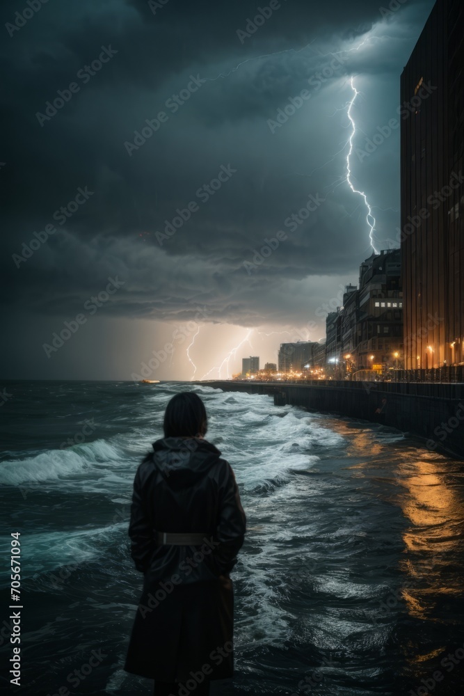 Poster a rear view of a man watching a dramatic landscape with dark clouds, thunderstorms and lightning ove