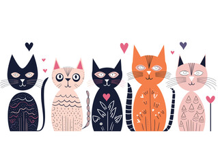 The image shows a row of colorful cartoon cats with decorative patterns vector illustration.