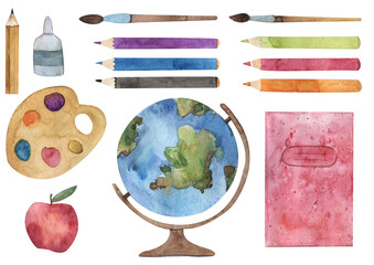 Stationery set for school or office, watercolor illustration, set of pencils, notebooks, rulers, erasers,globe, politer, student's kit