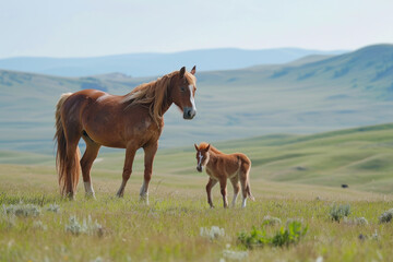 Fototapeta premium A horse with her cub, mother love and care in wildlife scene