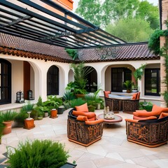 Fototapeta premium A Mediterranean-inspired patio with terracotta tiles and lush greenery5