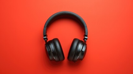 Fototapeta na wymiar Black headphones are on a red background