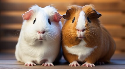 Two pet guinea pigs are sitting on a wooden surface