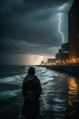 Fototapeta premium A rear view of a man watching a dramatic landscape with dark clouds, thunderstorms and lightning over the sea. Weather, storm concepts.