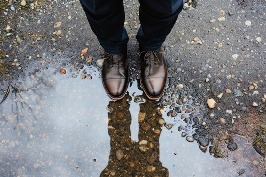 Melancholy Mirage: Businessman's Reflection in Urban Puddle
