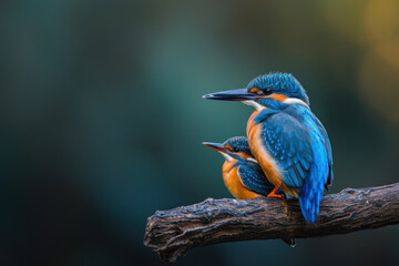 A kingfisher with her cub, mother love and care in wildlife scene