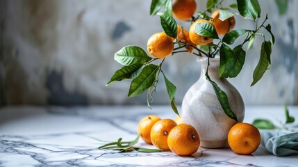 Ripe tangerines on a branch are in a plate
