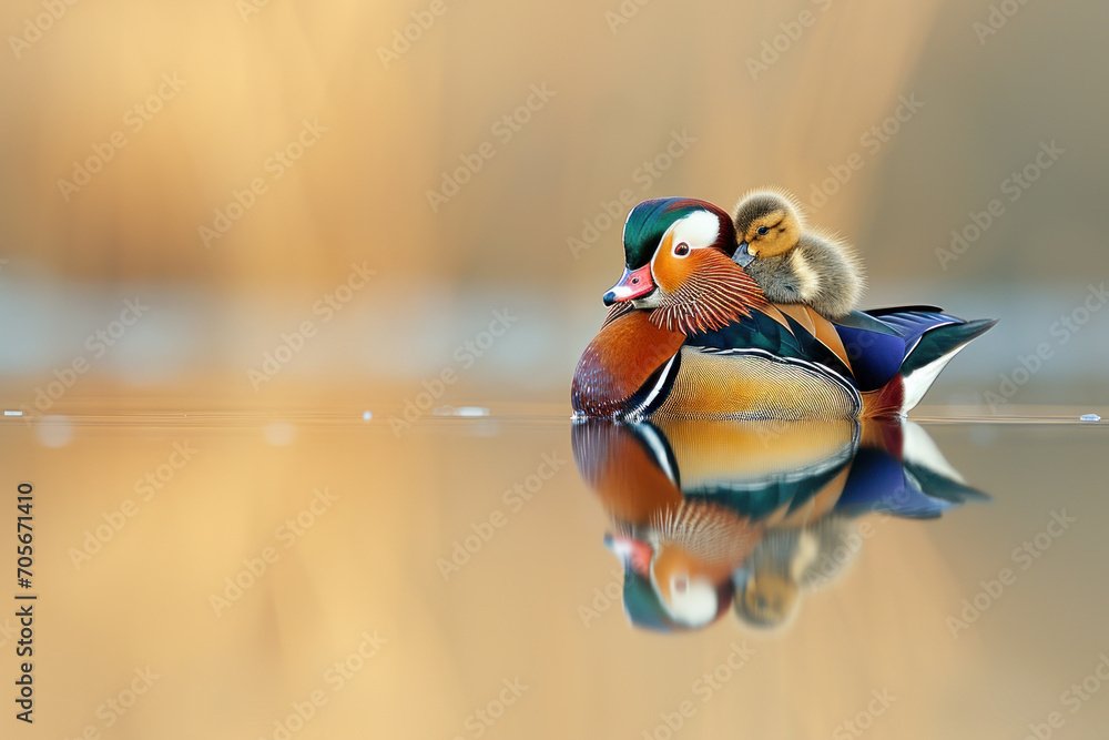Wall mural a mandarin duck with her cub, mother love and care in wildlife scene