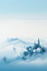 Fotobehang fog over a hill with houses on top, in the style of light indigo and light cyan, landscapes © inthasone