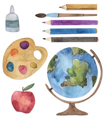 Stationery set for school or office, watercolor illustration, set of pencils, notebooks, rulers, erasers,globe, politer, student's kit