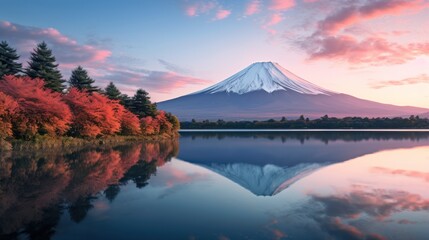 colorful autumn leaves and Mount Fuji and red leaves at Lake Kawaguchiko are among the best in Japan - obrazy, fototapety, plakaty
