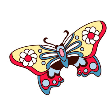 Groovy cartoon butterfly with flowers on wings. Funny retro emoji with colorful floral pattern and antennae, psychedelic summer mascot. Butterfly cartoon sticker of 60s 70s style vector illustration