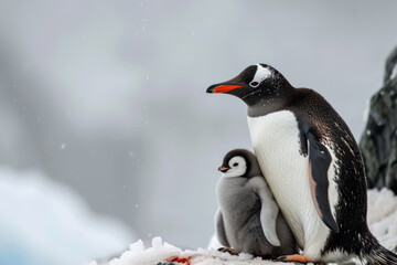 Obraz premium A penguin with her cub, mother love and care in wildlife scene