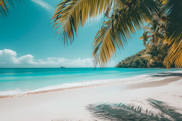 Fototapeta na wymiar Tropical Bliss: Ivory Sands, Azure Waters, and Palms