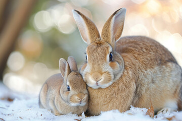 A rabbit with her cub, mother loves and cares in everyday life