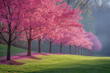 Beautiful blossom spring time pink color trees, garden or park