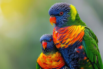 A Rainbow Lorikeet with her cub, mother love and care in wildlife scene