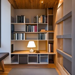 A cozy reading nook tucked under a staircase with built-in bookshelves5