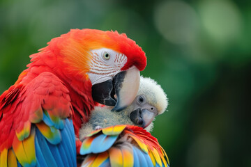 Fototapeta premium A Scarlet Macaw with her cub, mother love and care in wildlife scene