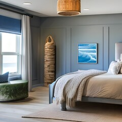 A coastal-inspired bedroom with driftwood accents and ocean-themed decor4