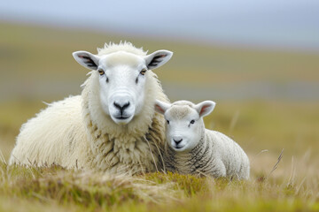 Naklejka premium A sheep with her cub, mother loves and cares in everyday life