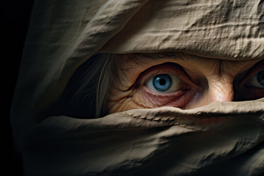 Intense gaze of a person peering through fabric, with striking blue eyes conveying a myriad of emotions