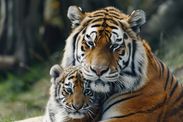 Naklejka premium A tiger with her cub, mother love and care in wildlife scene