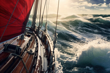 Sailing boat on tumultuous seas, the red sail vibrant against the dramatic dance of sunlit waves.