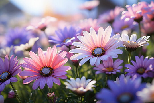Beautiful pink and blue daisy flowers in the garden with sunlight.