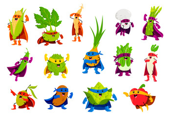 Obraz premium Cartoon cheerful vegetable superhero characters. Vector corn cob, kohlrabi, soy bean or champignon. Asparagus, green pea, artichoke and onion with daikon radish. Chinese cabbage, olive, potato, pepper