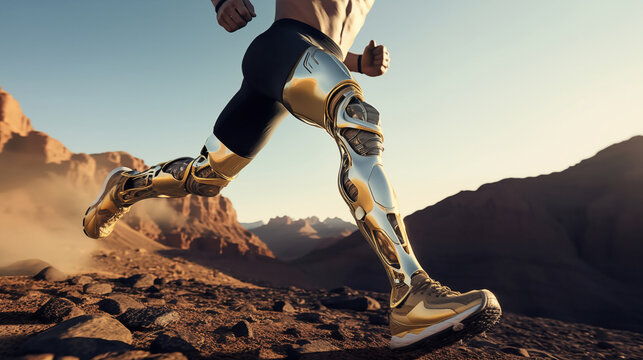 Close-up of a runner with prosthetic leg technology sprinting in a desert, showcasing human resilience