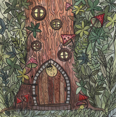 Illustration of a fairy tale fantasy house in a tree.
Watercolor fairy house made of plants and berries. cute magical buildings for gnomes. Cartoon fantasy
Fairytale wooden house in the forest.