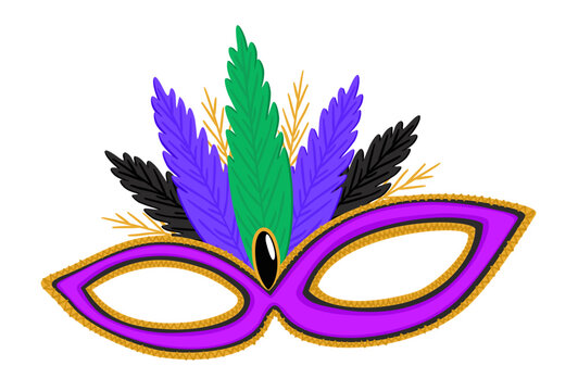 Brasilian carnival mask. Bright purple mask decorated with gold and colorful feathers. Vector isolated illustration.