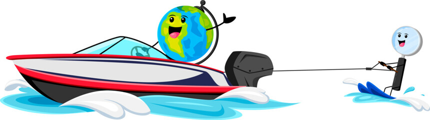 Cartoon globe and magnifying glass school supply characters enjoying water ski recreation on summer beach vacation. Vector student stationery parsonages riding water ski and motor boat in sea waves