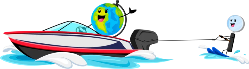 Poster Cartoon globe and magnifying glass school supply characters enjoying water ski recreation on summer beach vacation. Vector student stationery parsonages riding water ski and motor boat in sea waves © Buch&Bee