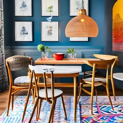 An eclectic dining space with mismatched chairs and colorful pendant lights4