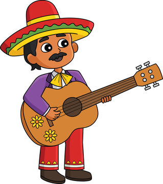 Mexican Boy with Guitar Cartoon Colored Clipart 