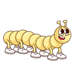 Groovy caterpillar cartoon character with many legs. Funny yellow centipede, worm or butterfly larva with comic face, retro mascot and cartoon caterpillar sticker of 60s 70s style vector illustration