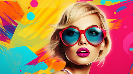 Colorful Chic: Pretty Blonde Woman Channels Pop Art Vibes with Sunglasses