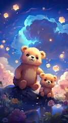 a beautiful moon, clouds, and stars with two little teddy bears in the background, in the style of honeycore, cute and colorful - generative ai