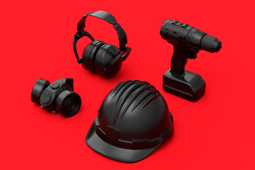 Top view of monochrome construction tools for repair on red background