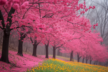 Beautiful blossom spring time pink color trees, garden or park - 705673641