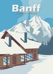 cabin ski resort vintage poster in banff national park illustration design - obrazy, fototapety, plakaty