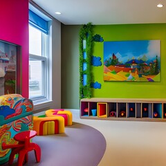 A whimsical playroom with a slide and colorful wall decals4